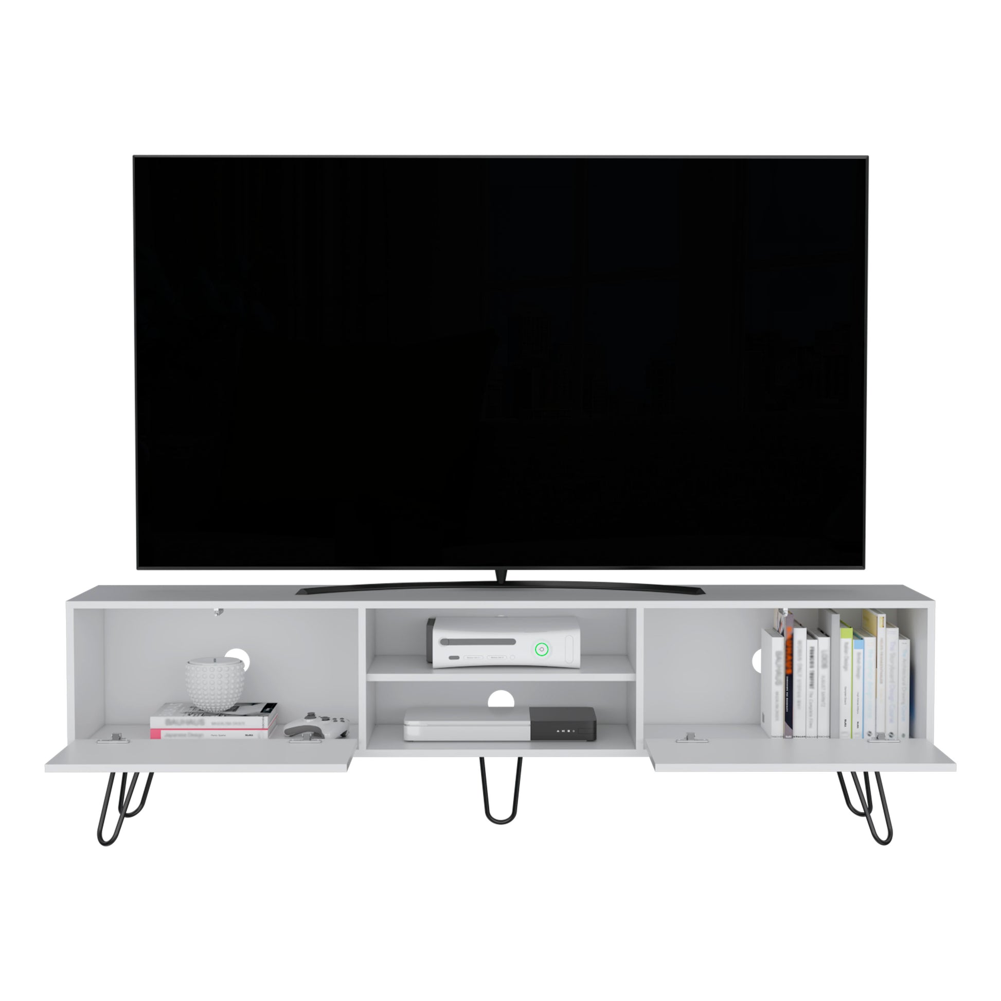 Modern white media console with hairpin legs and open shelving