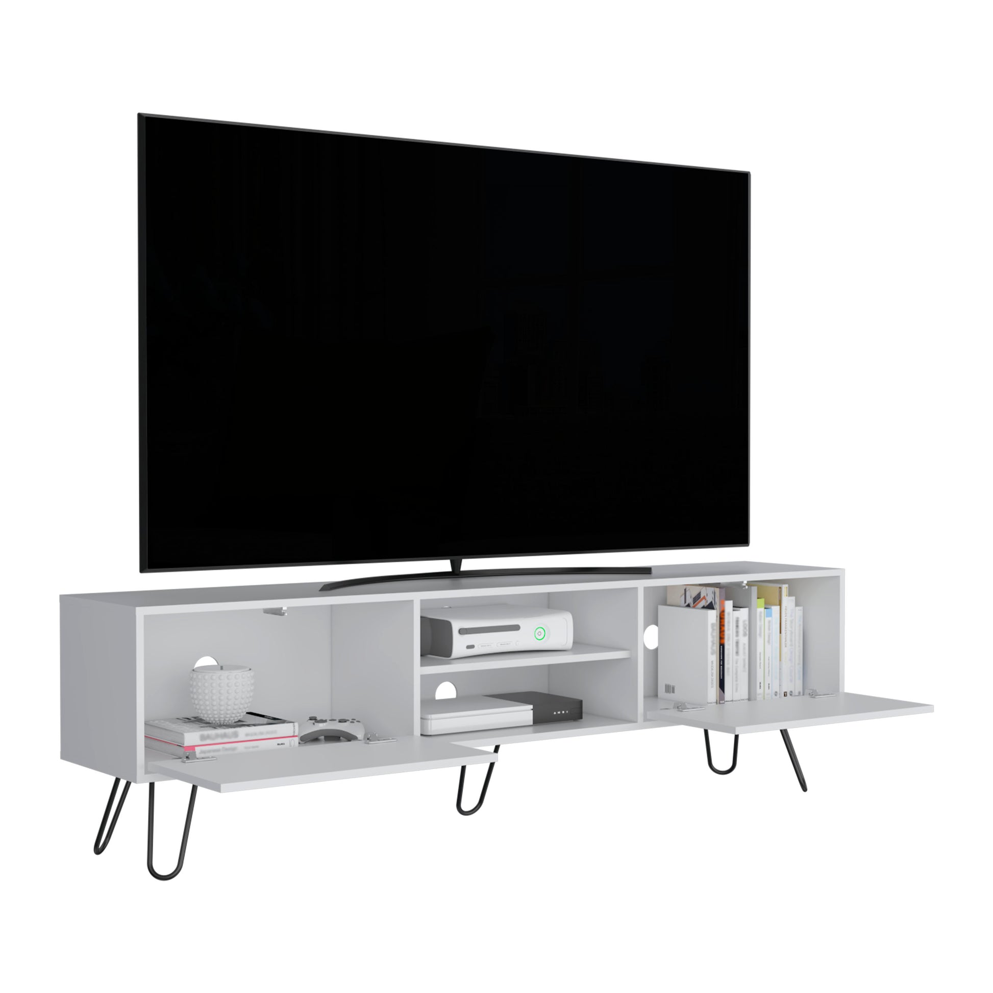 Modern white entertainment center with open shelves drawers and hairpin legs for media consoles