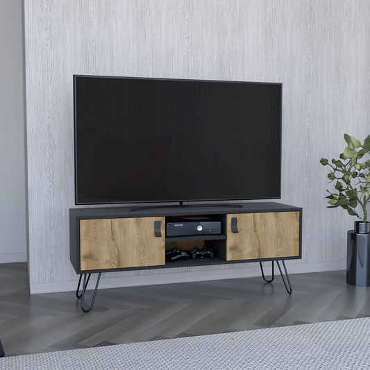 Modern black and wood grain TV stand with hairpin legs and storage for gaming consoles