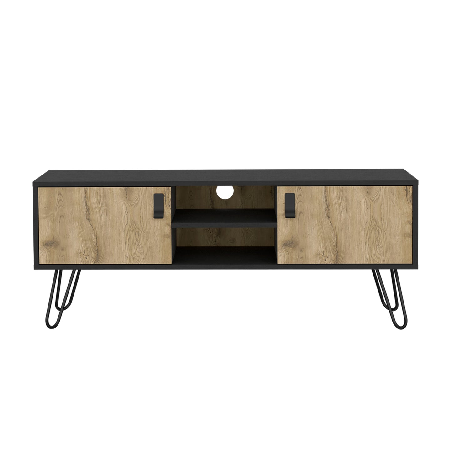 Modern black and wood grain media console with hairpin legs and two cabinets