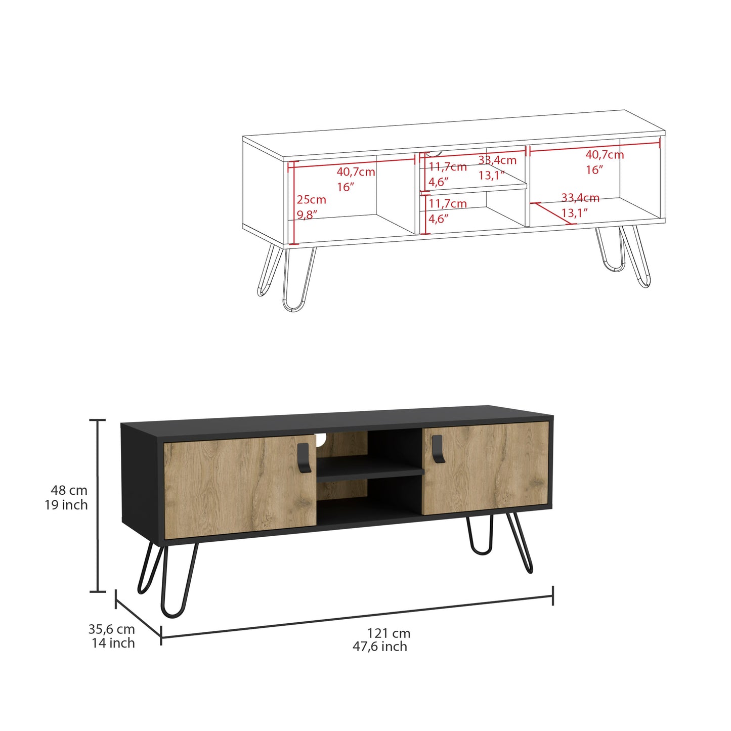 Black and wood grain media console with hairpin legs cm wide ideal for living rooms