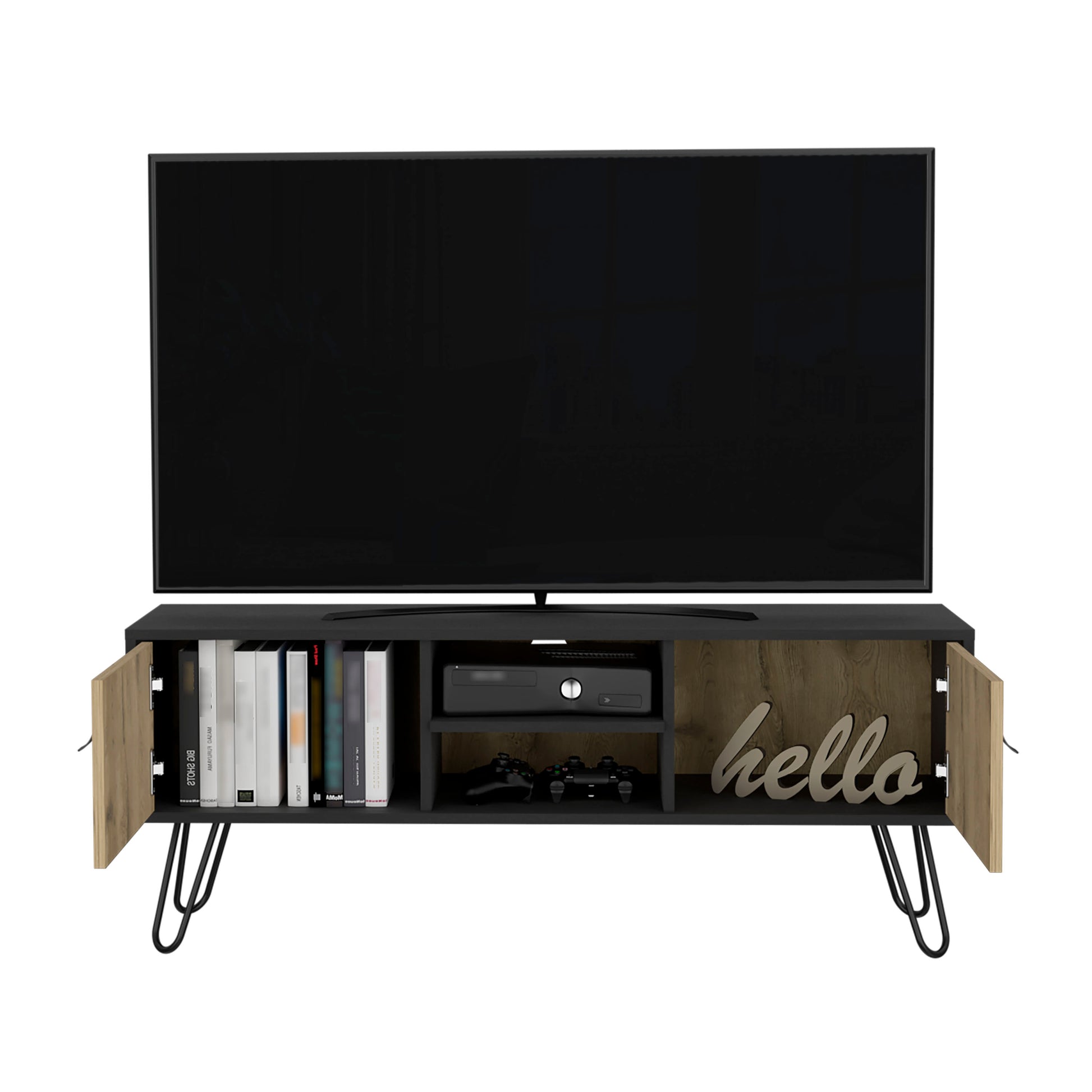 Modern black and wood TV stand with open shelving and doors ideal for media consoles