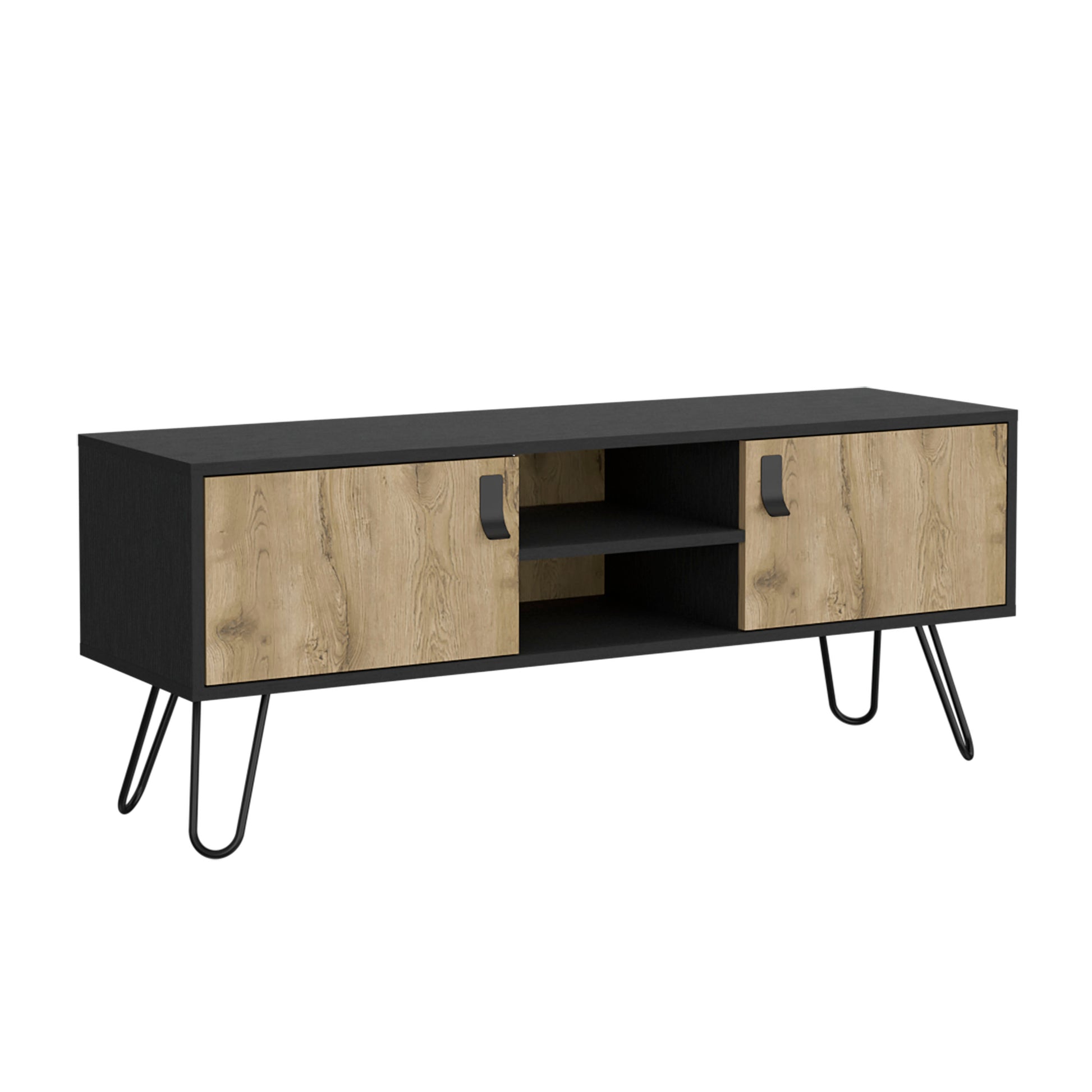 Black and wood grain media console with hairpin legs and two doors