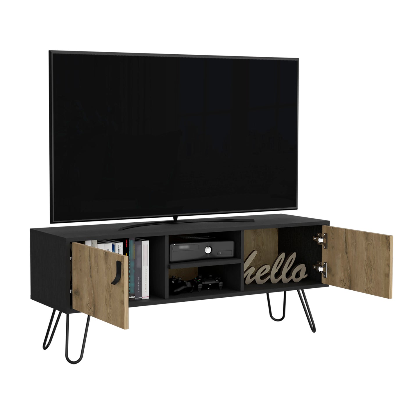 Black media console with woodgrain doors hairpin legs holding books console and game controllers