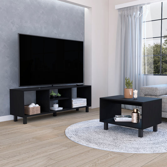 Black modern TV stand with open shelving and wooden basket of spheres