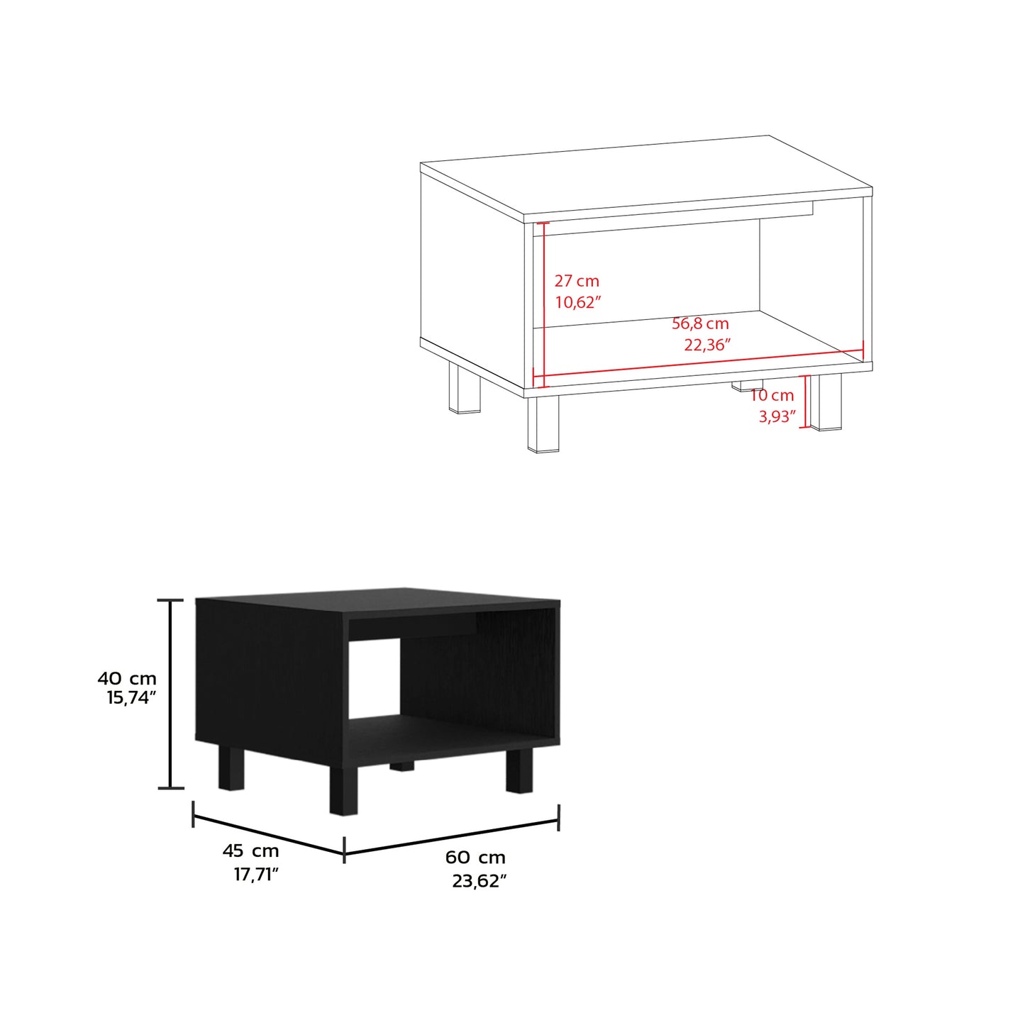 Black bedside table with open shelf minimalist design xxcm