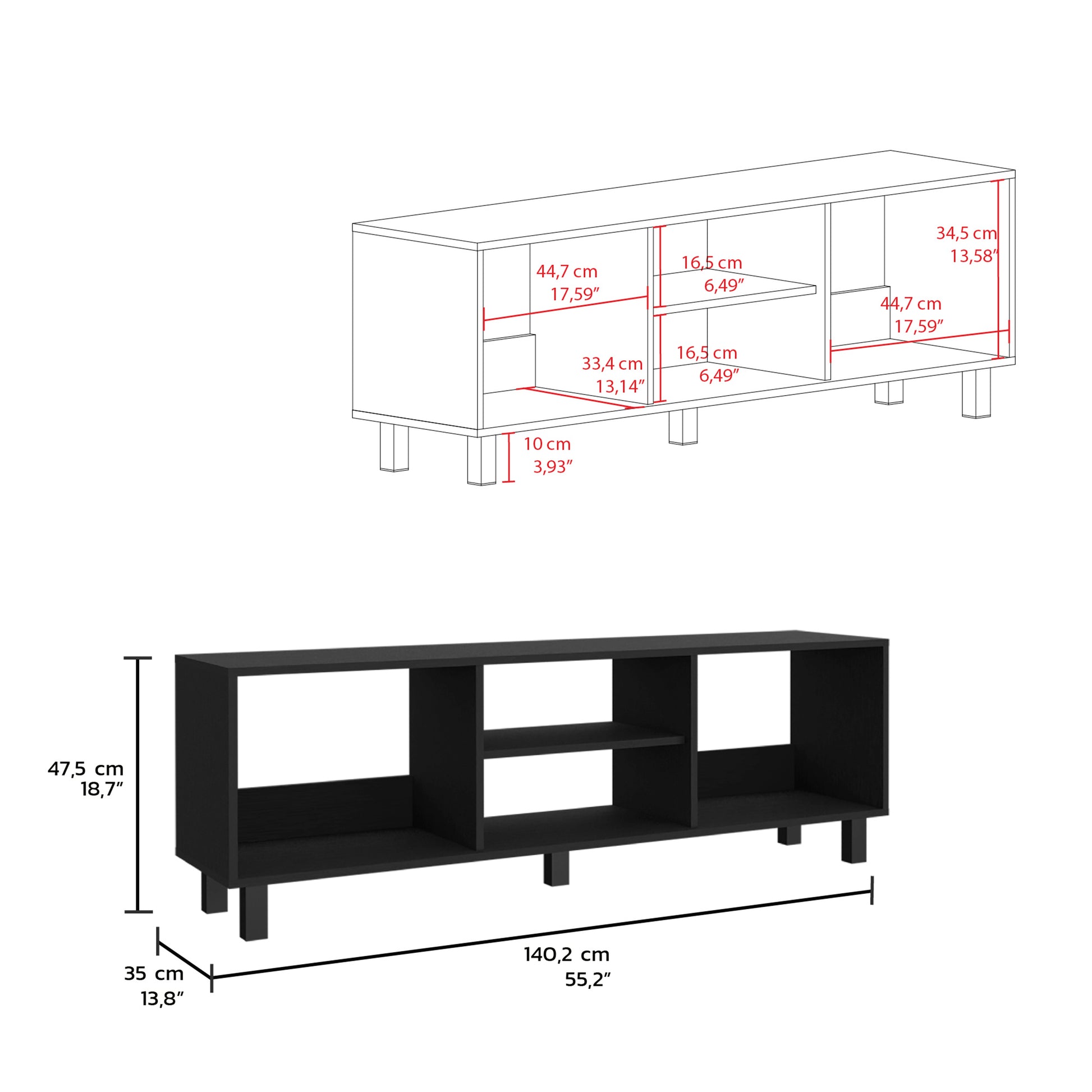 Black modern media console with open shelving and tapered legs Stores media