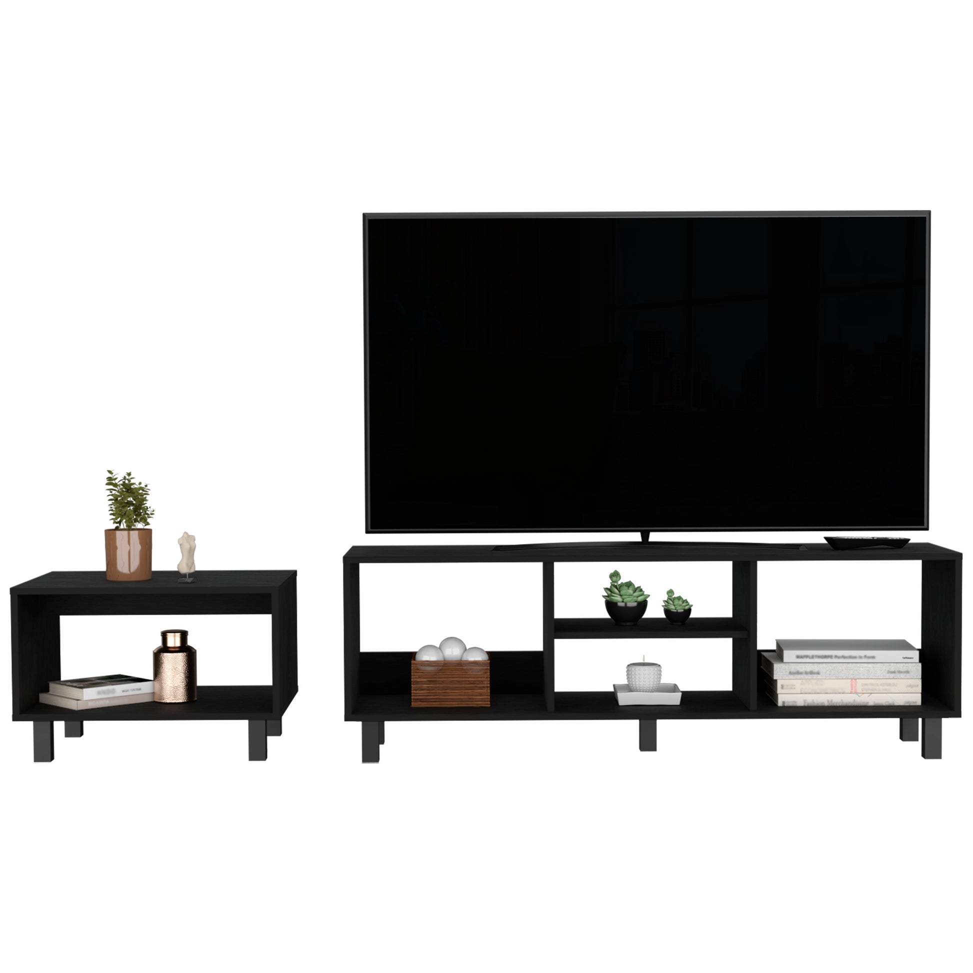 Modern black media console with open shelving and integrated TV stand perfect for living rooms