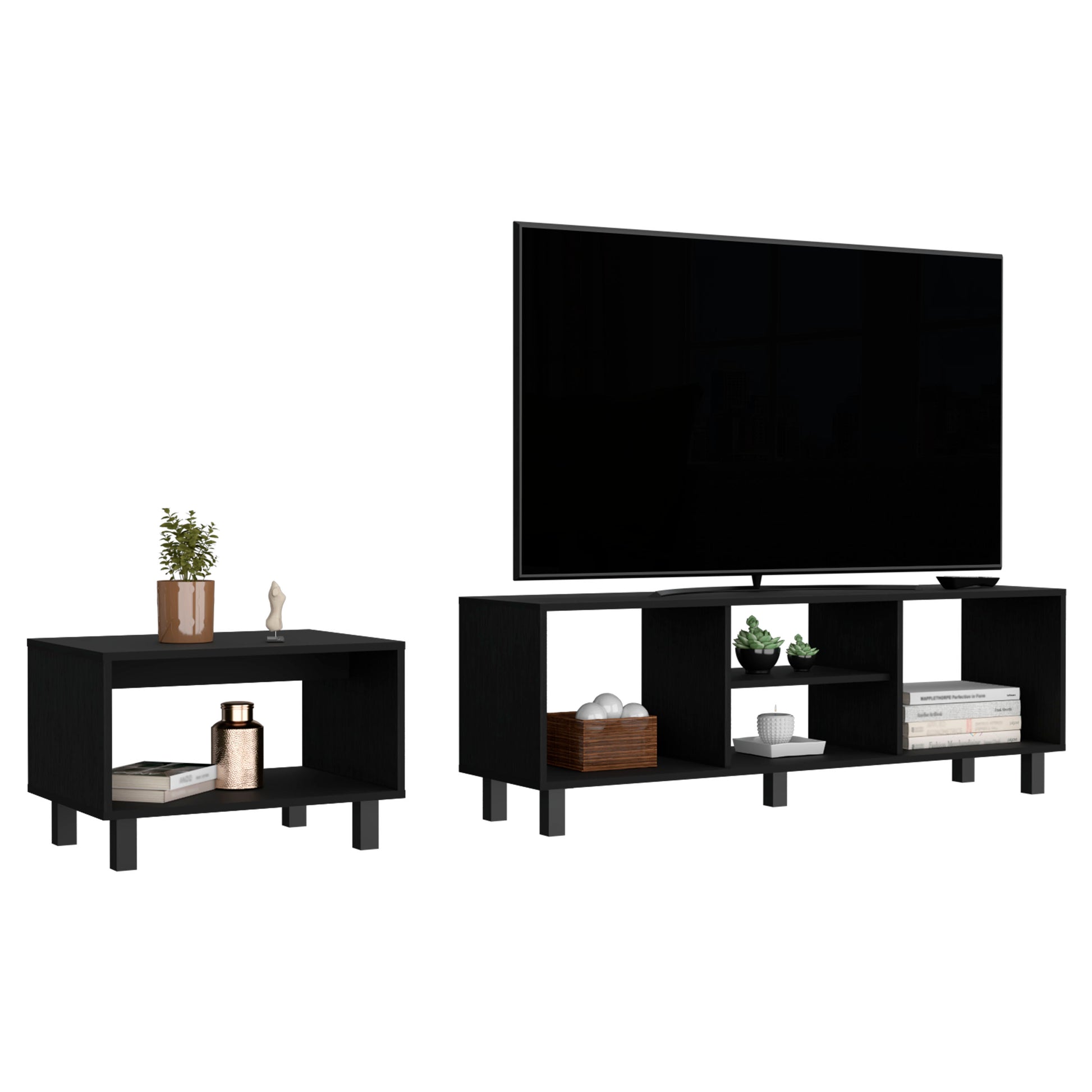 Modern black wood TV stand with multiple open shelves and a sleek design