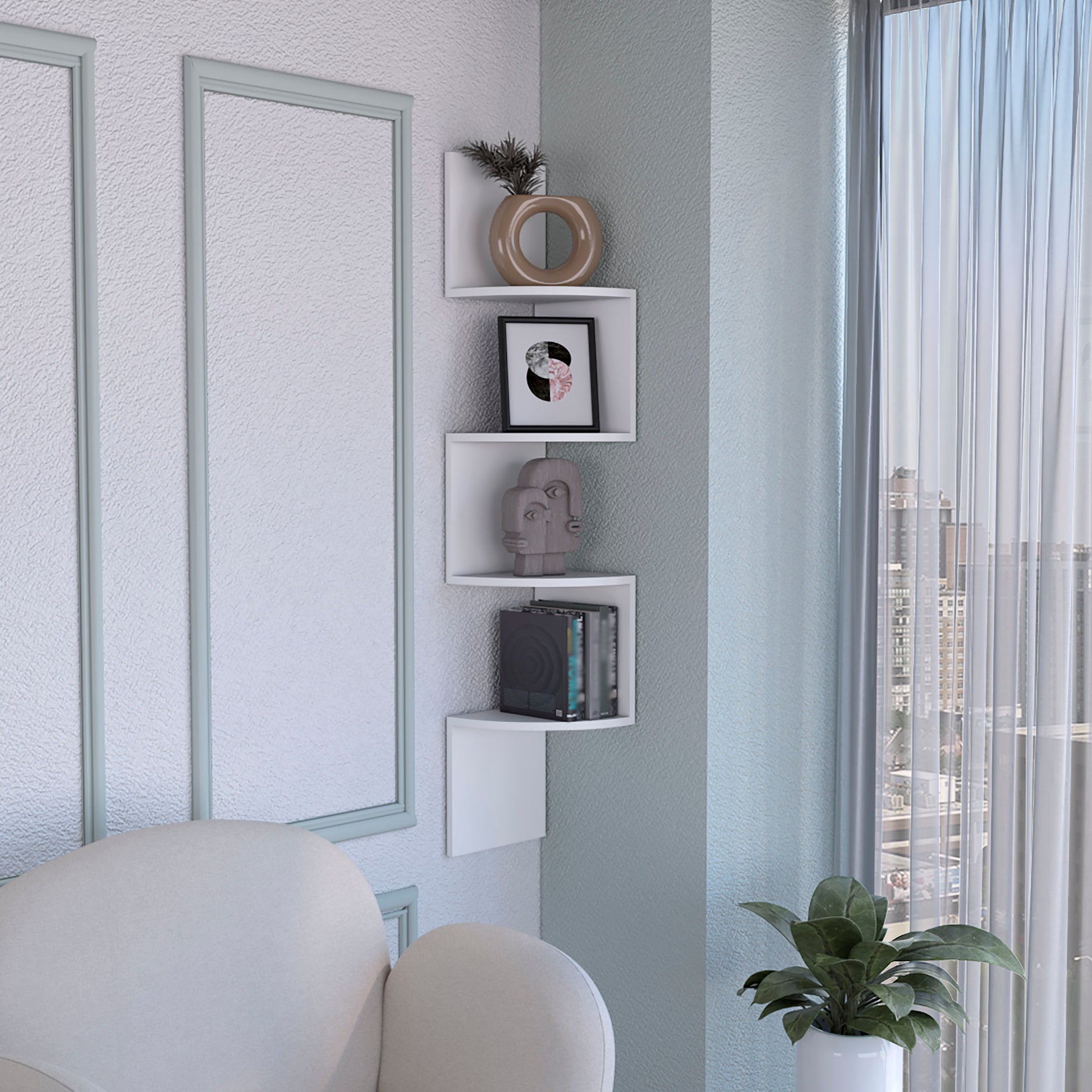 Modern white corner shelf with decorative vase framed art and abstract sculptures