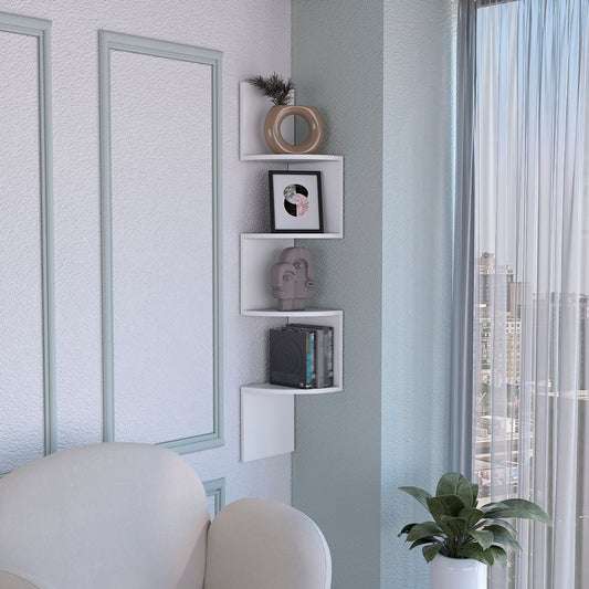 Modern white corner shelf with decorative vase framed art and abstract sculptures