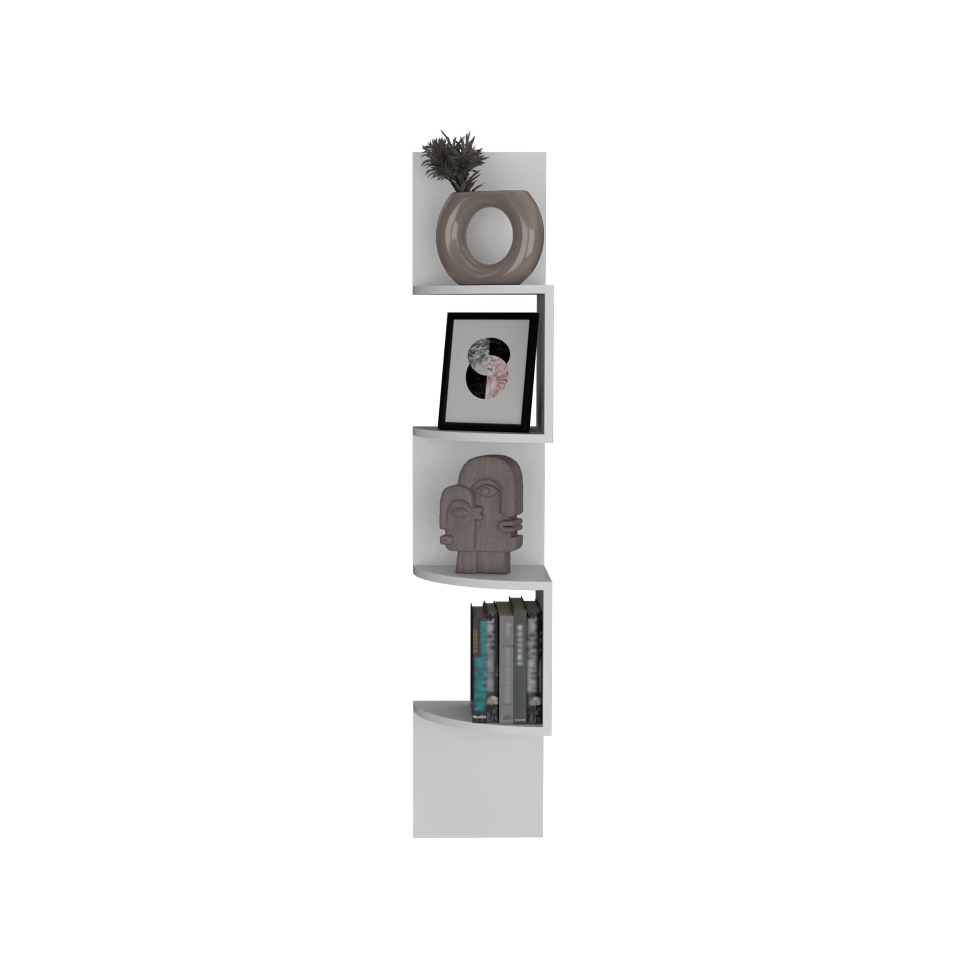 Modern floating corner shelf with taupe ceramic vase and greenery