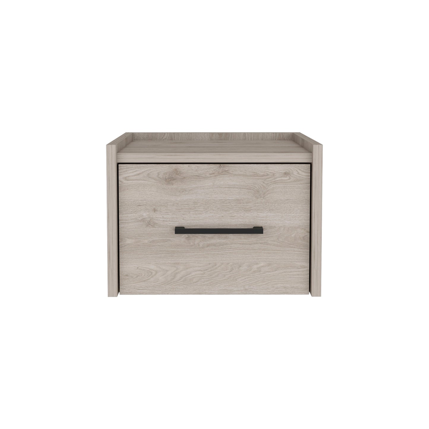 Light oak wood bedside table with a single drawer and black handle
