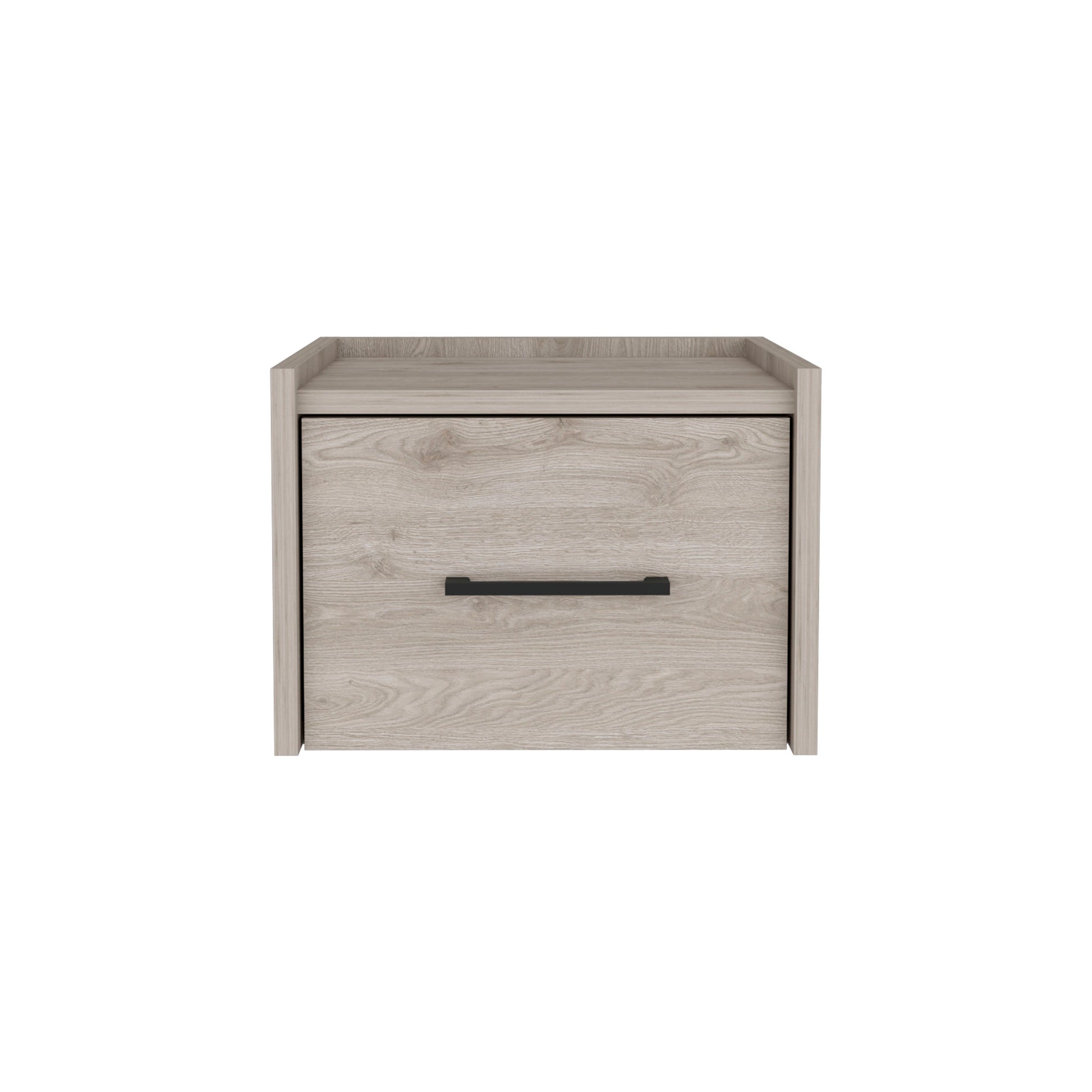 Light oak wood bedside table with a single drawer and black handle