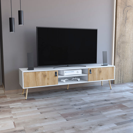 Modern white and wood grain TV stand with media console game controllers and console