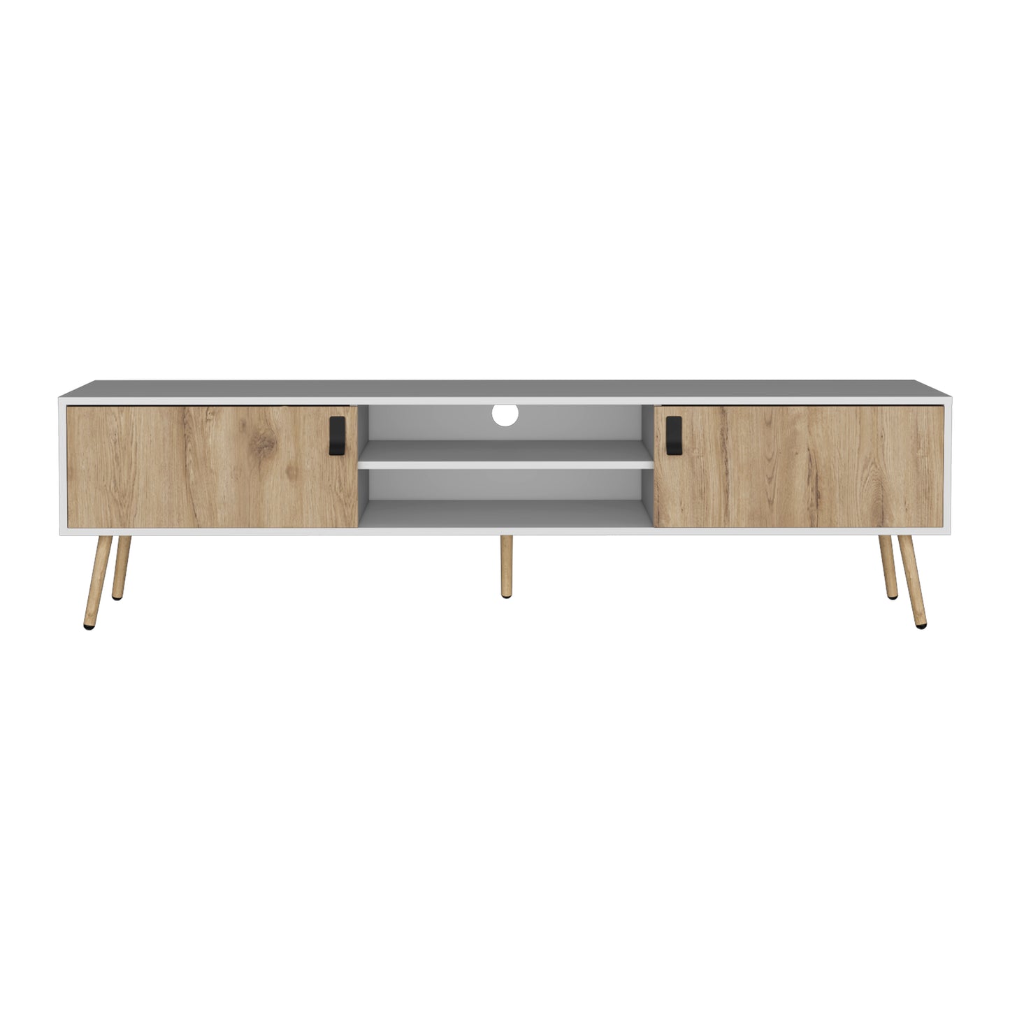 Modern white and oak TV stand with two doors and open shelves for media storage