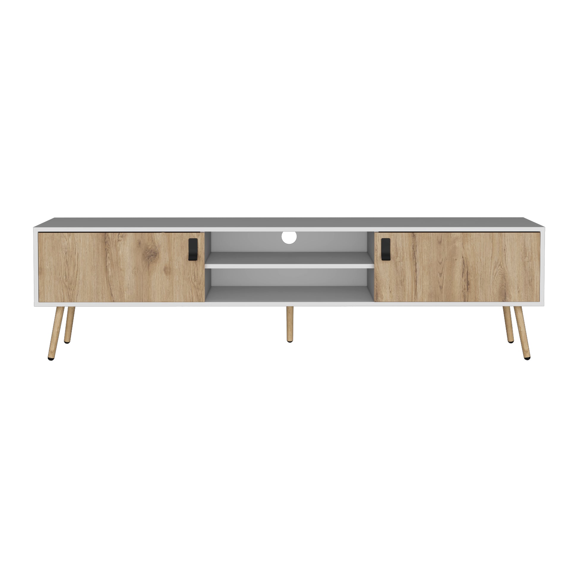 Modern white and oak TV stand with two doors and open shelves for media storage