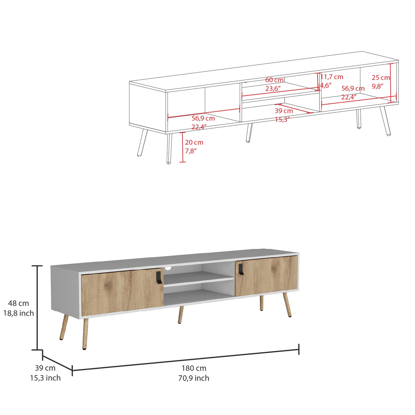 Modern white TV stand with oak effect doors and tapered wooden legs cm length