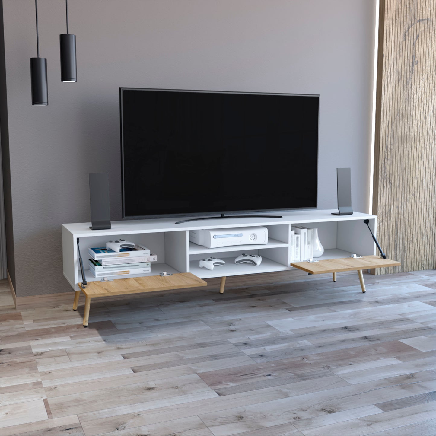 Modern white media console with angled wooden legs and flipdown doors perfect for entertainment centers