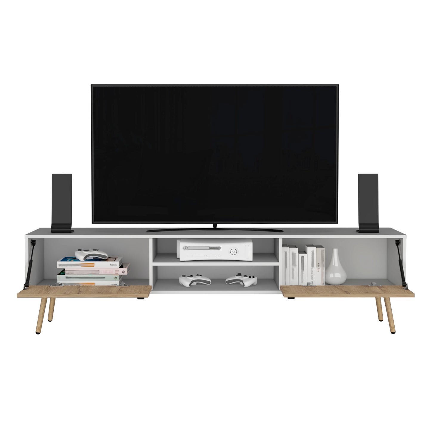 Modern white TV stand with wood accents holding a TV console and controllers