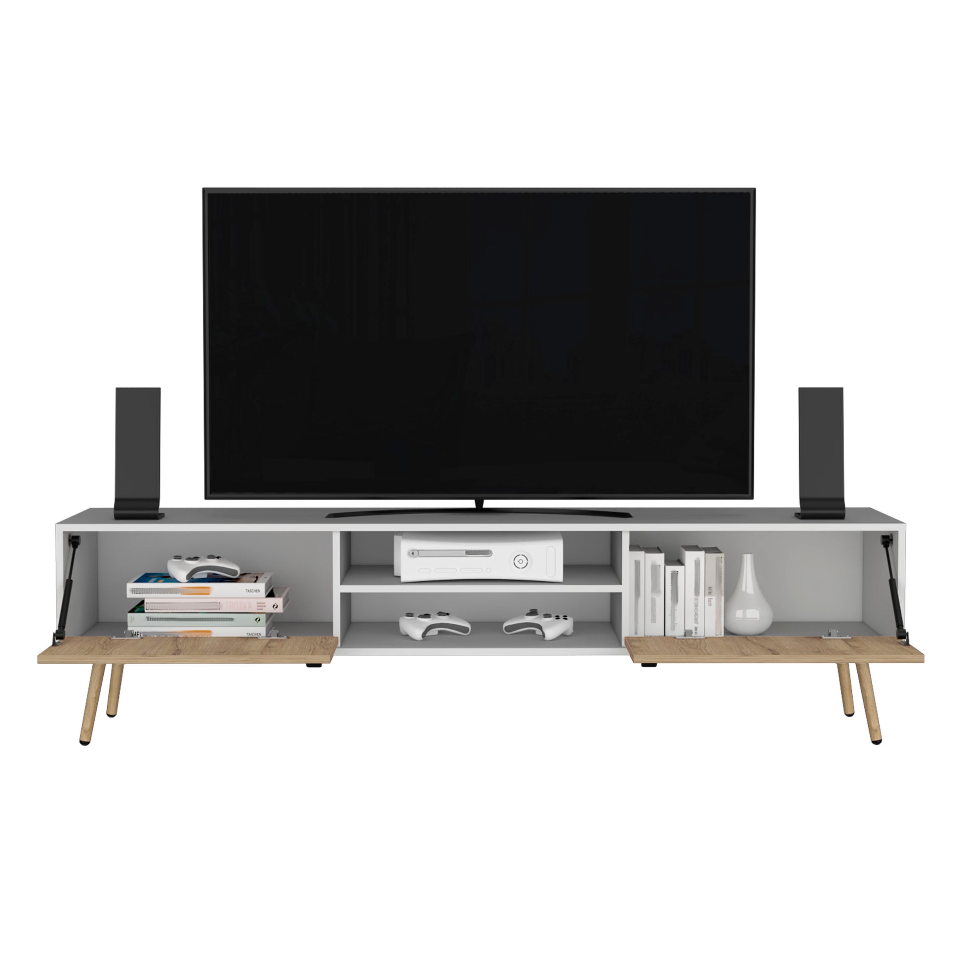 Modern white TV stand with wood accents holding a TV console and controllers