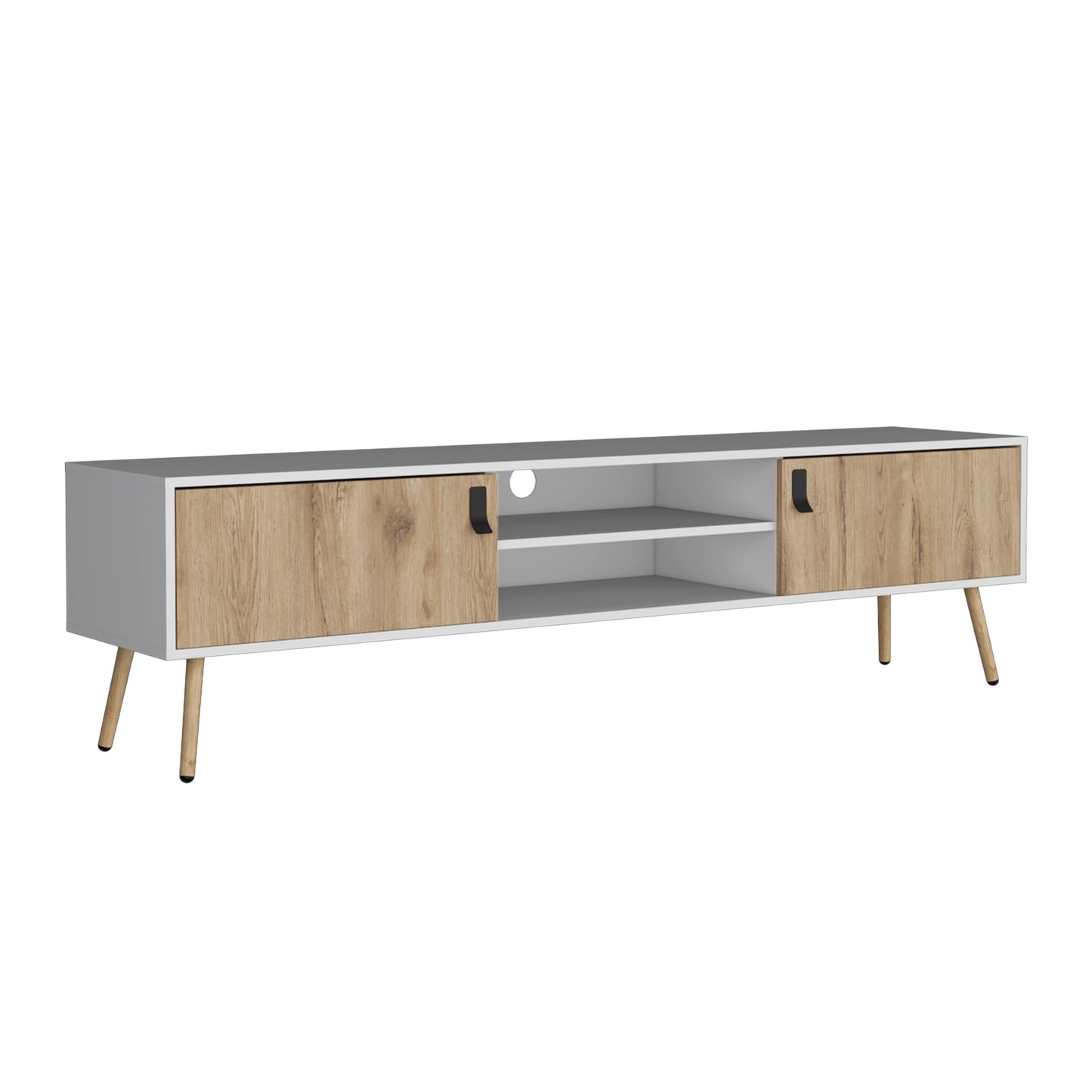 White and wood media console with two cabinet doors and open shelves
