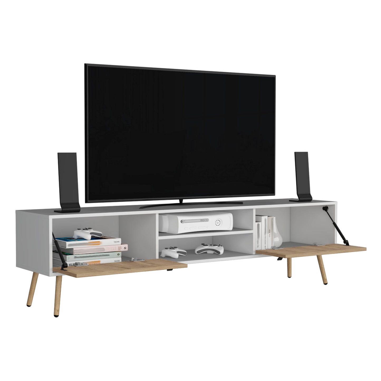 Modern white TV stand with wood accents and open shelving for media storage