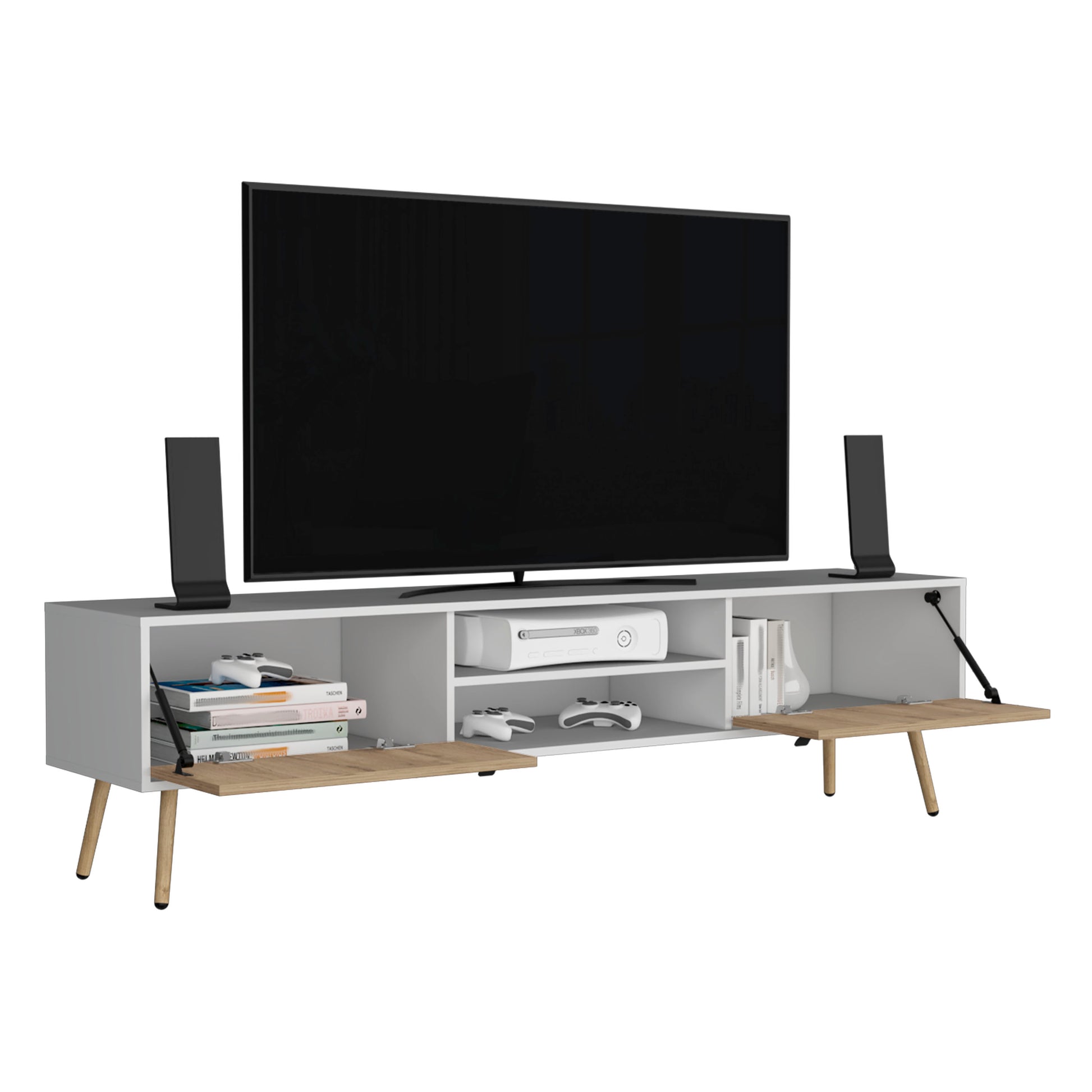 Modern white TV stand with wood accents and open shelving for media storage