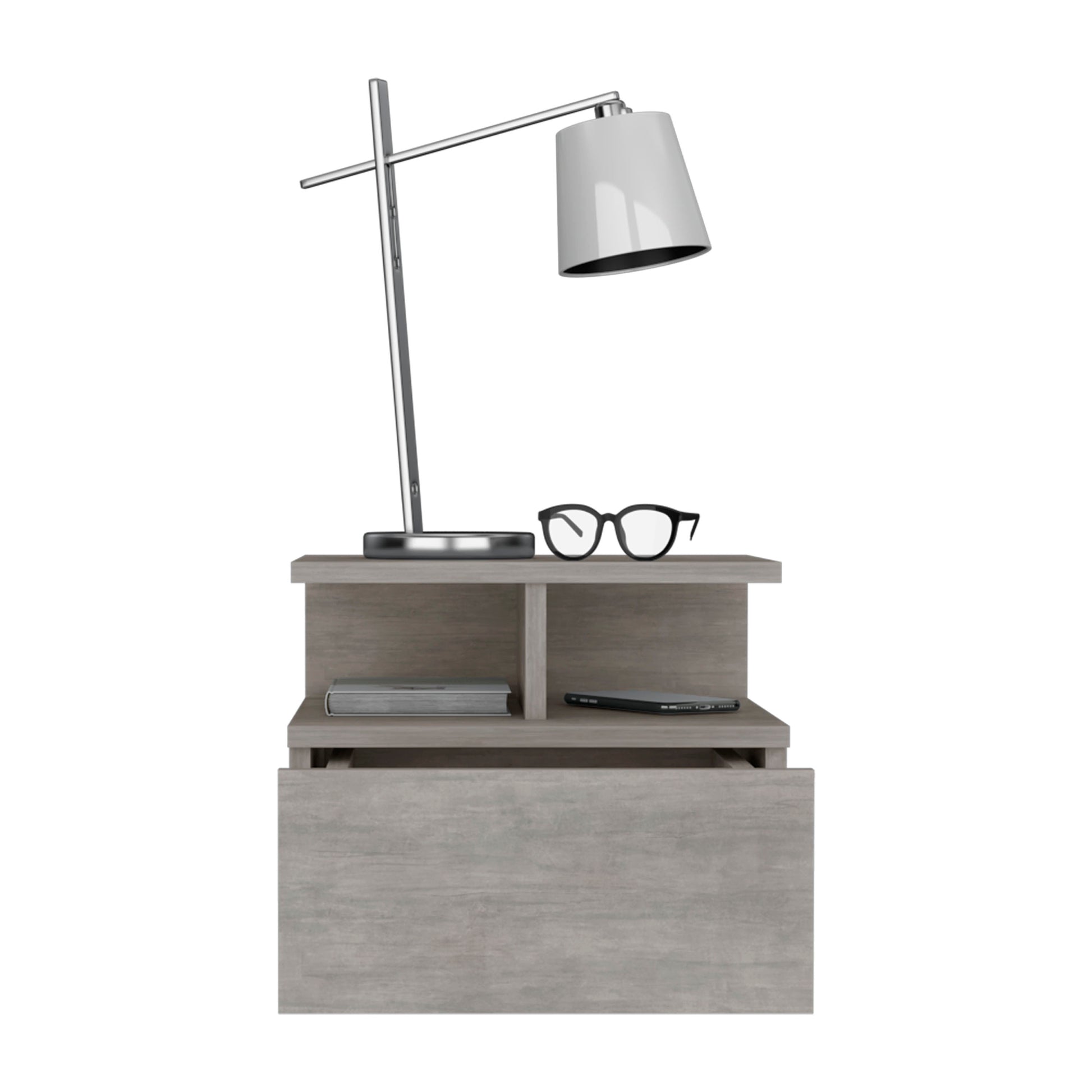 Modern grey wood nightstand with open shelf and drawer