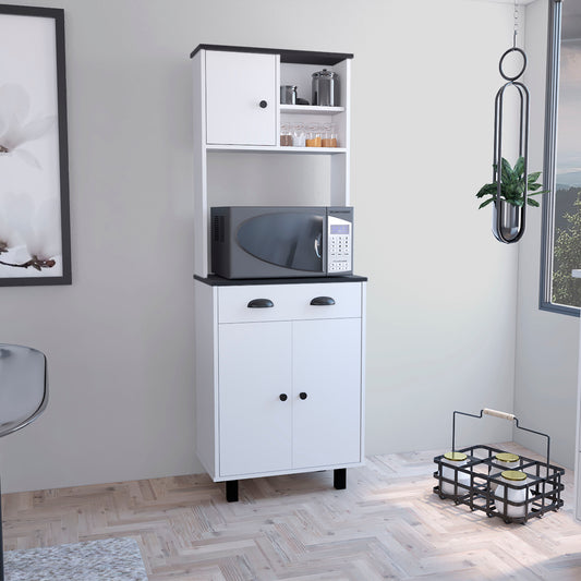 White and black kitchen bakers rack with microwave and storage cabinets