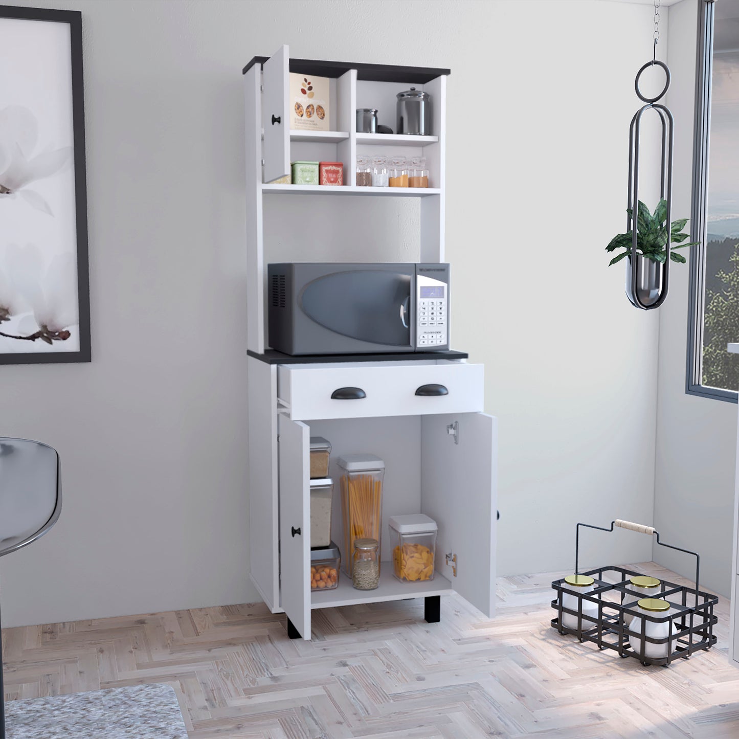 White and black kitchen hutch with microwave and storage shelves