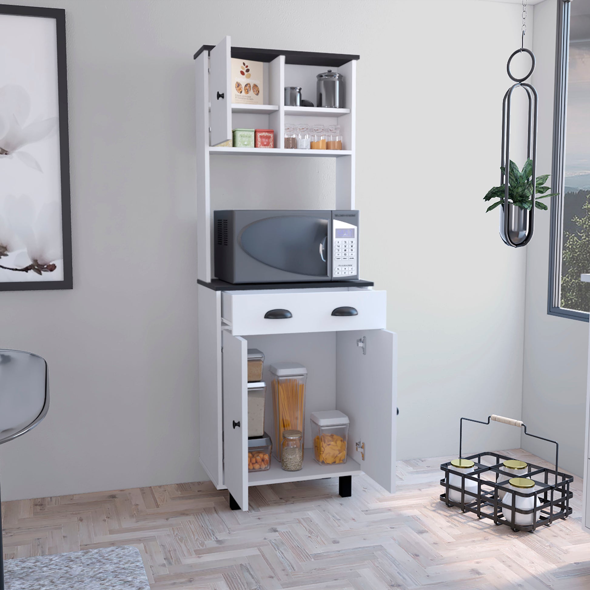 White and black kitchen hutch with microwave and storage shelves