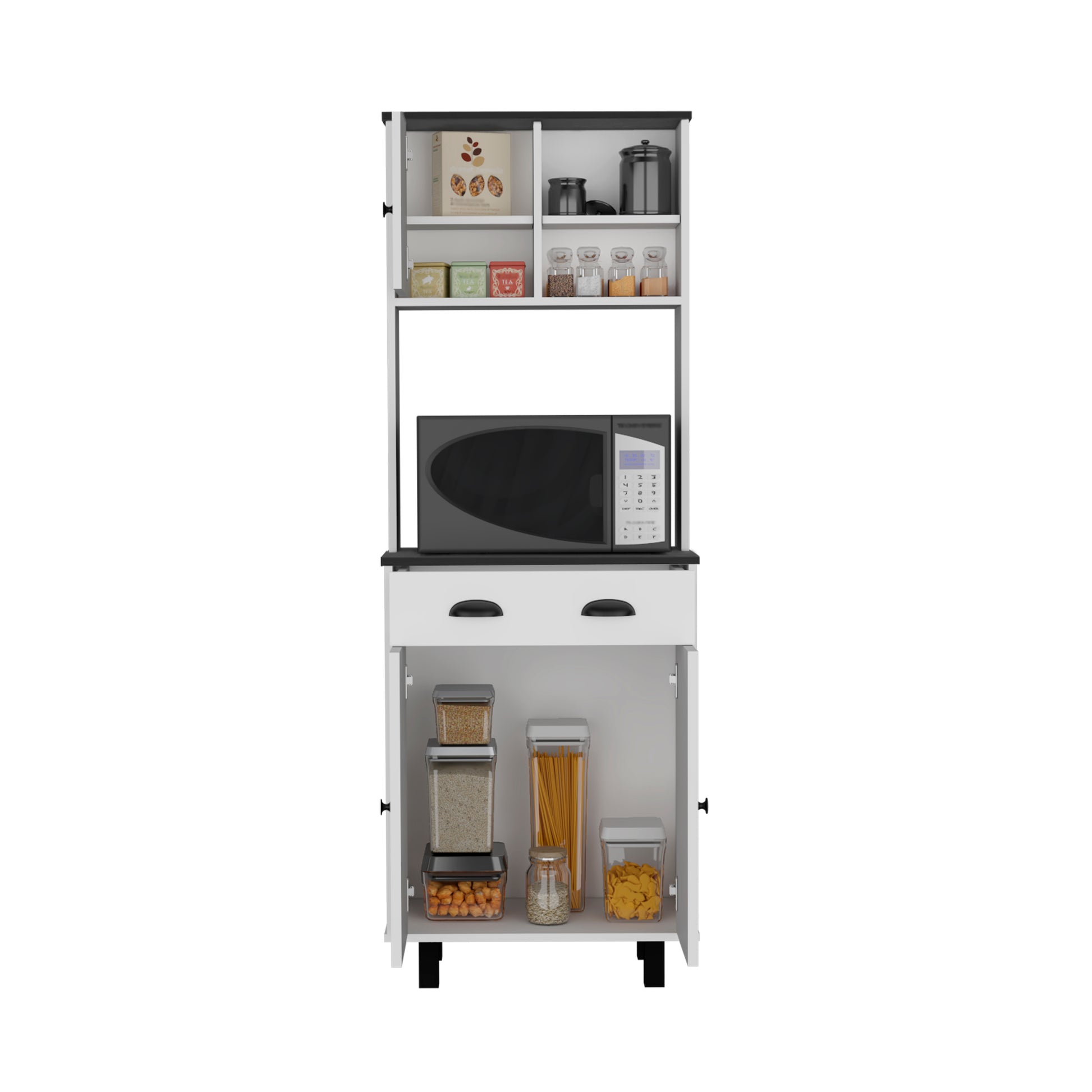 White and black kitchen pantry with microwave containers and canned goods