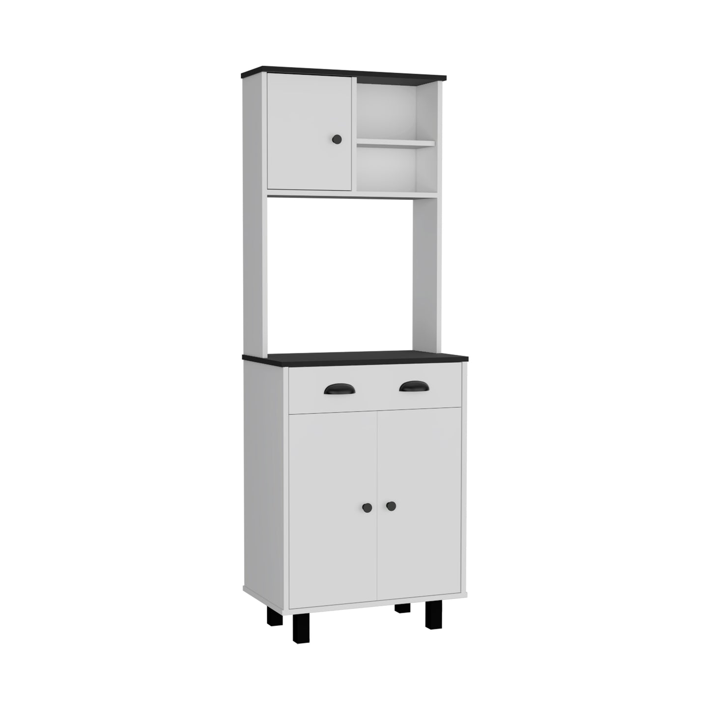 White and black kitchen bakers rack with two doors and open shelves