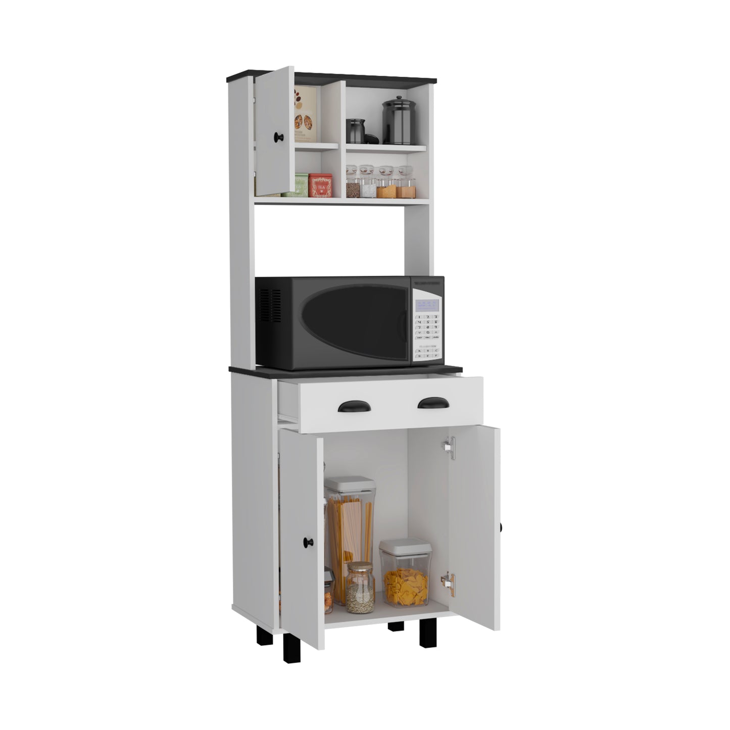 White and black kitchen storage cabinet with microwave and open doors showcasing pantry items