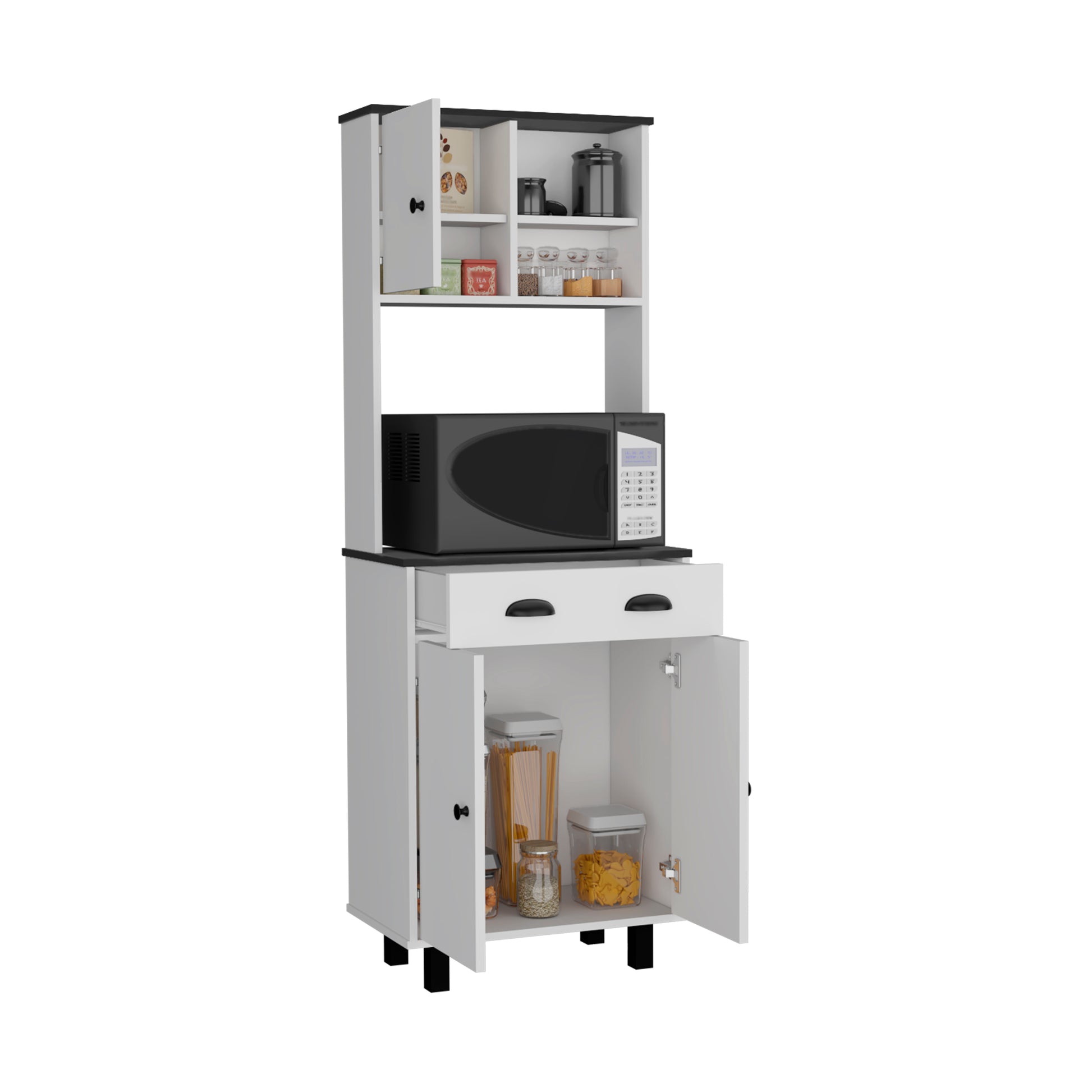 White and black kitchen storage cabinet with microwave and open doors showcasing pantry items