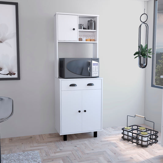 Modern white kitchen bakers rack with microwave shelf and storage cabinets