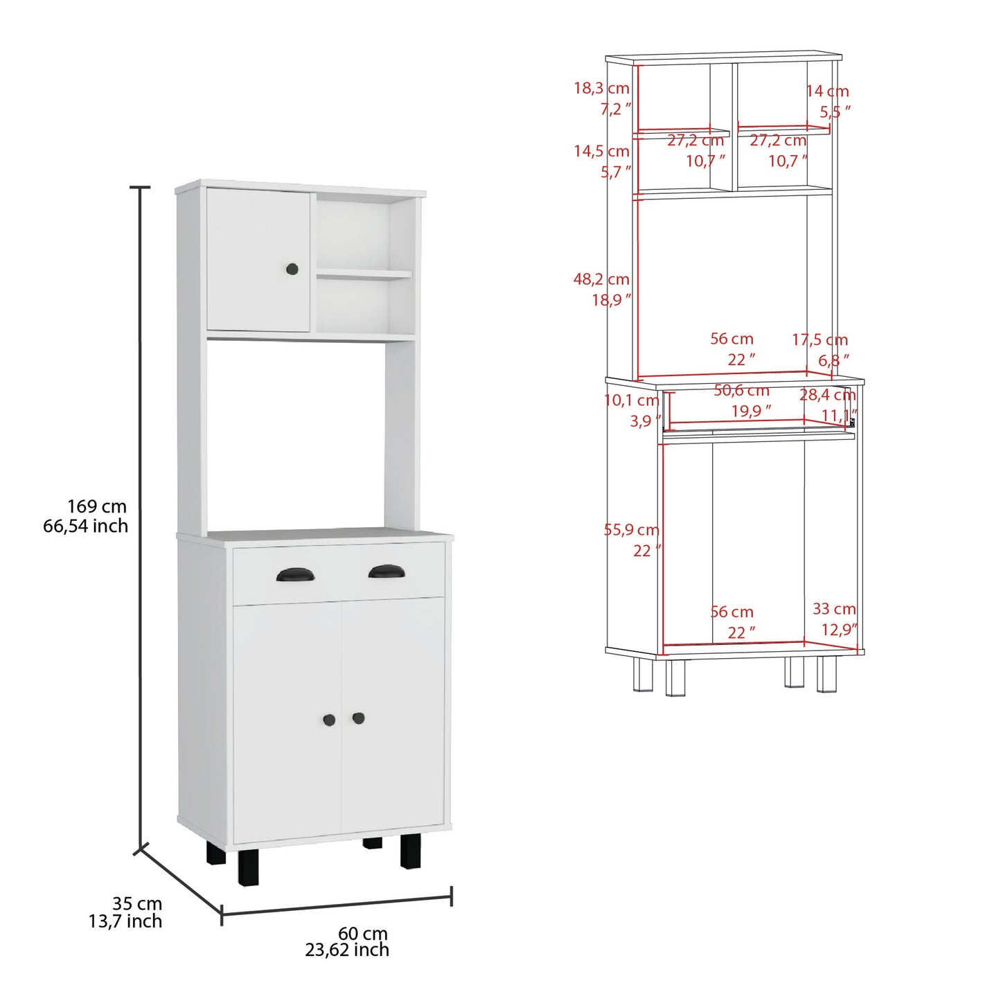 White kitchen cabinet with two doors two drawers and upper shelving unit