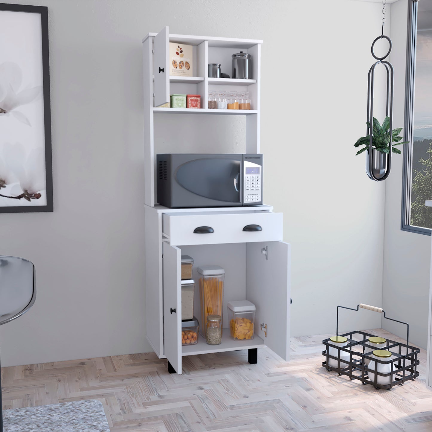 White kitchen pantry cabinet with microwave shelf storage drawers and open shelves holding canisters and food items