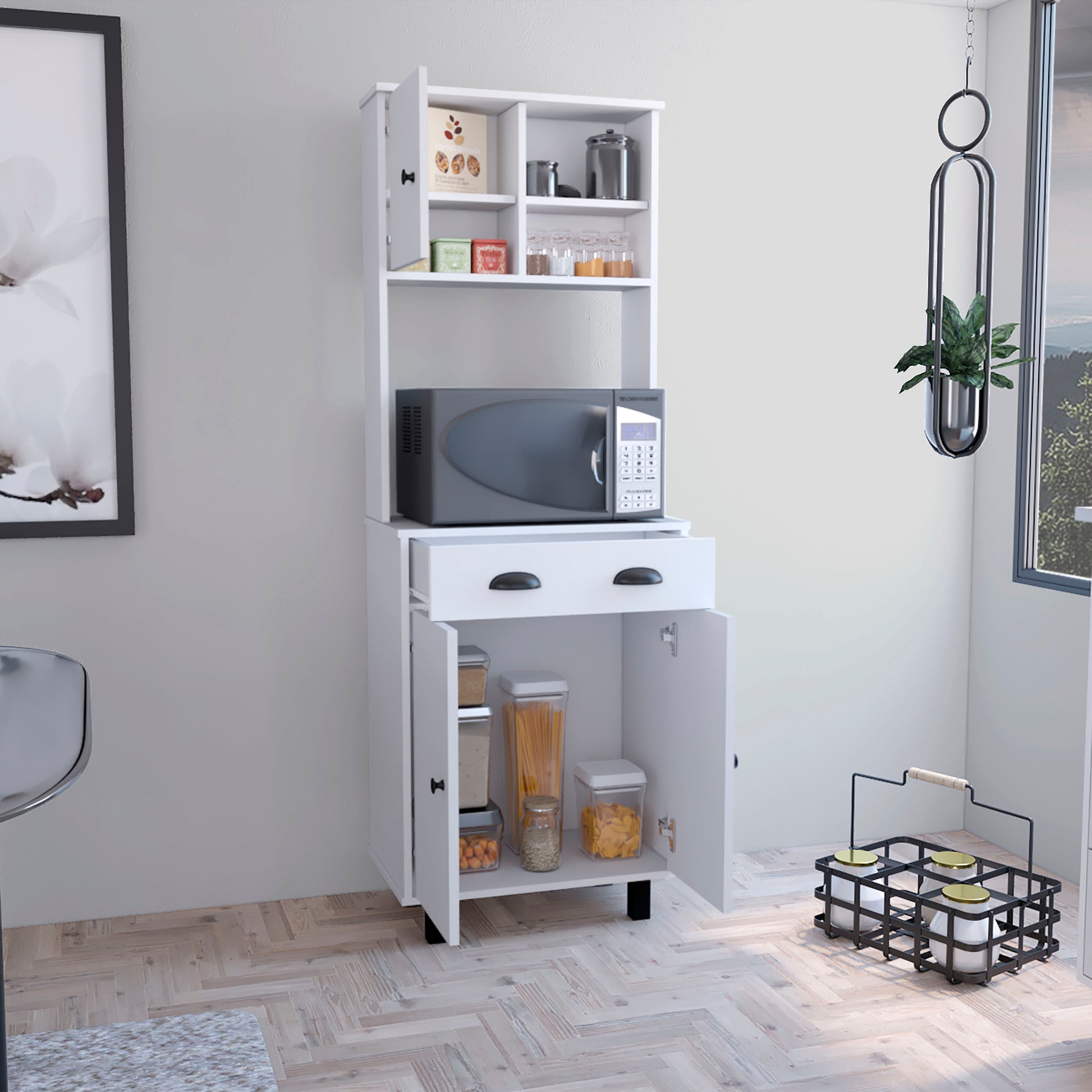 White kitchen pantry cabinet with microwave shelf storage drawers and open shelves holding canisters and food items