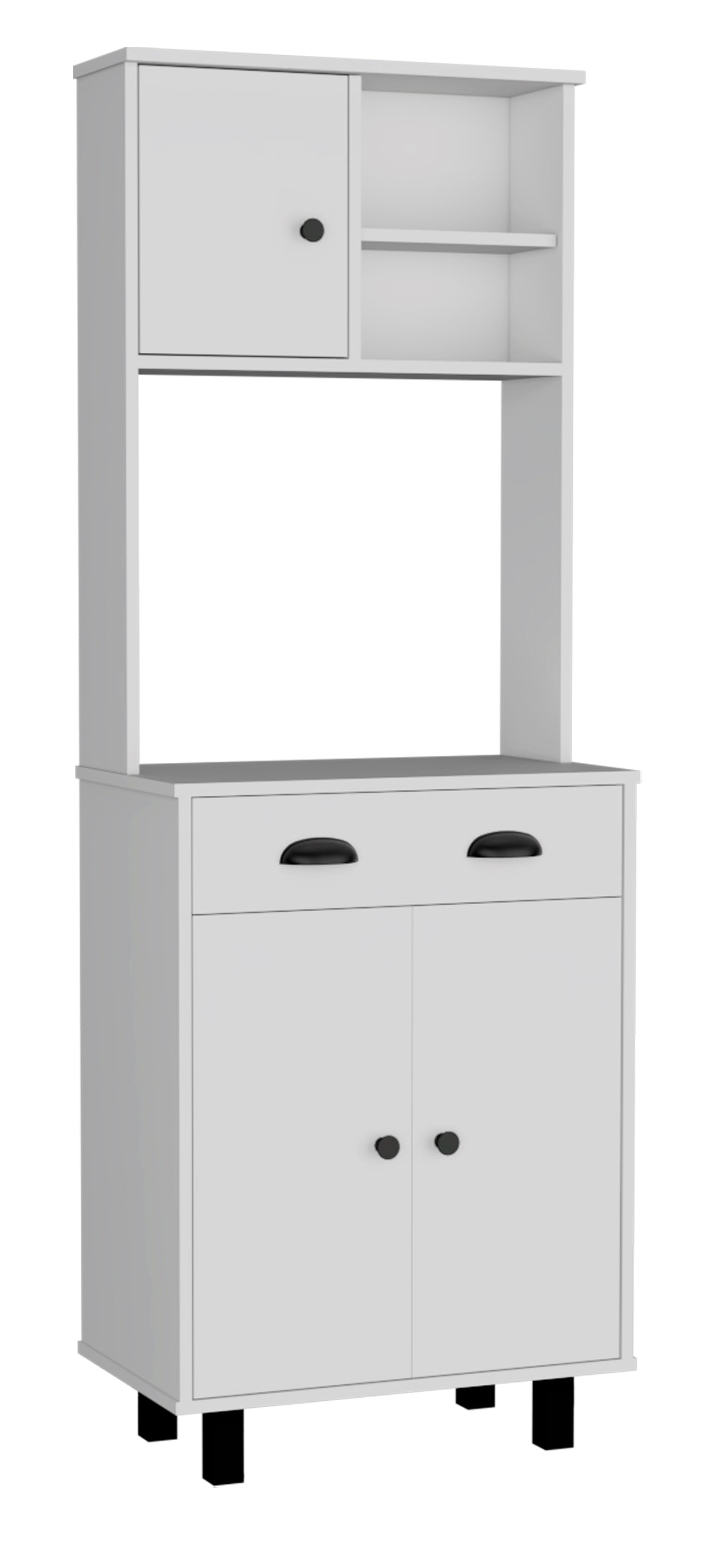 White storage cabinet with a single door and open shelving above a twodrawer unit and double doors