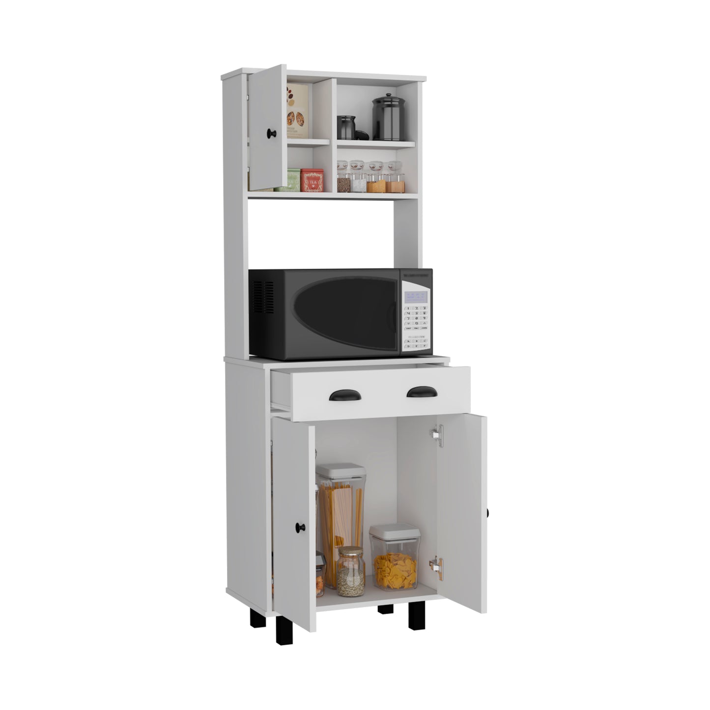 White kitchen cabinet with microwave shelf drawers and storage compartments for pantry items