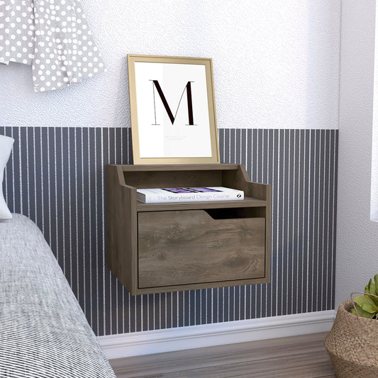 Floating walnut bedside table with drawer and open shelf