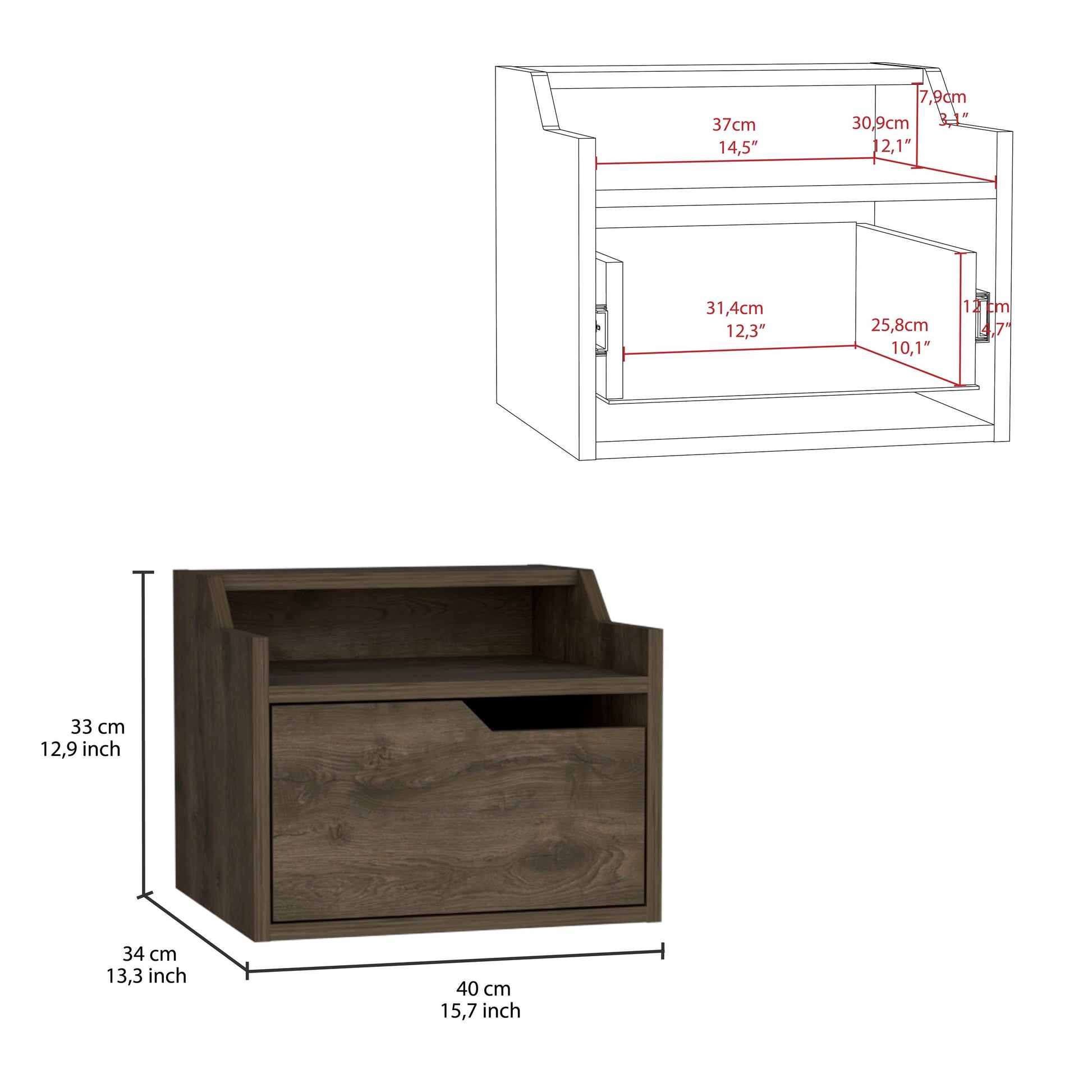 Modern dark wood bedside table with one drawer and an open shelf
