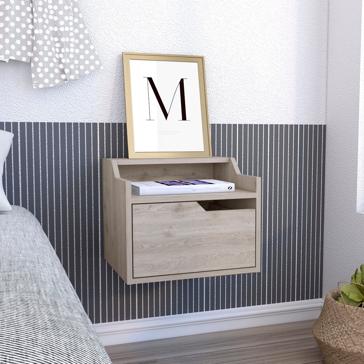 Light oak floating nightstand with a drawer perfect for modern bedroom storage