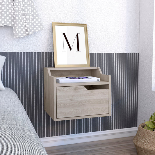 Light oak floating nightstand with a drawer perfect for modern bedroom storage