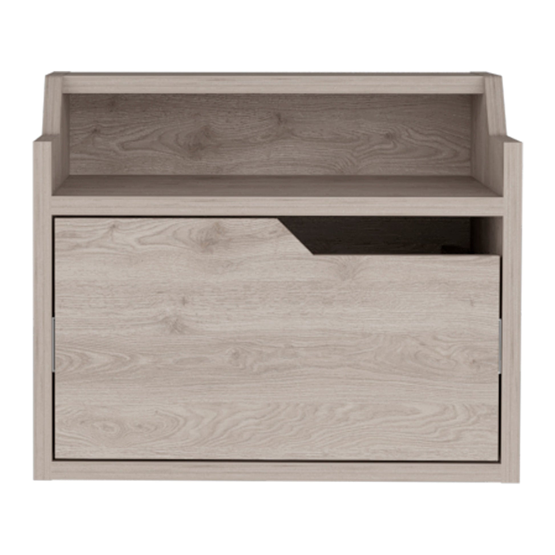 Light oak wood bedside table with one drawer and open shelf