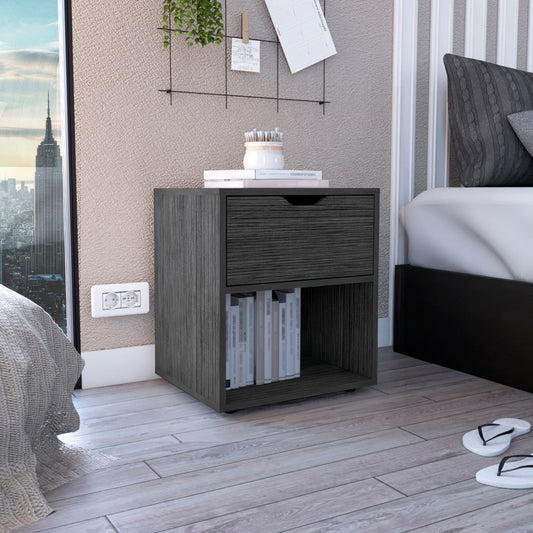 Dark grey wood grain nightstand with a drawer and open shelf