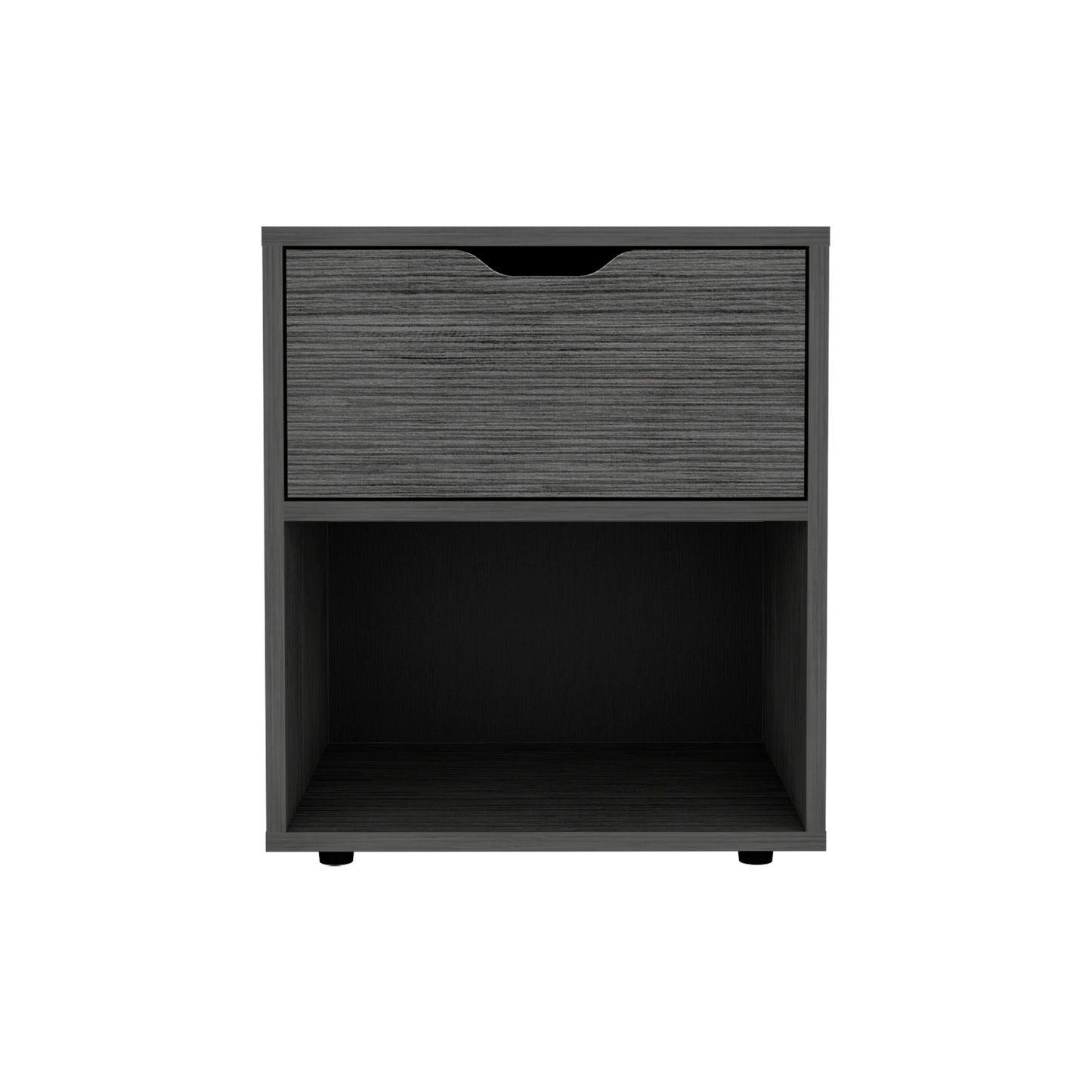 Modern gray wood veneer nightstand with one drawer and open shelf