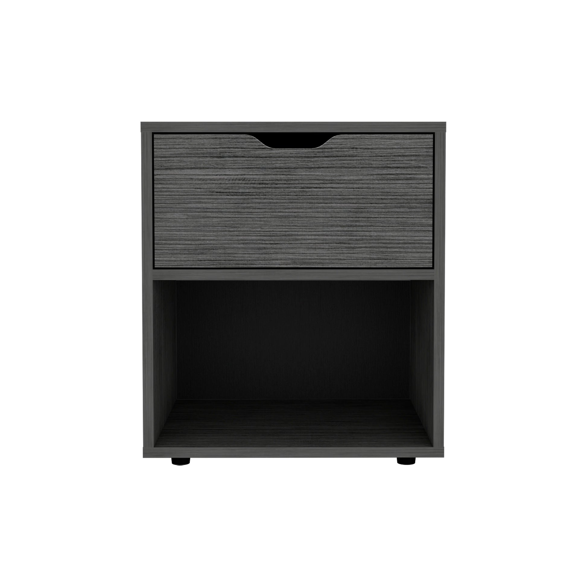 Modern gray wood veneer nightstand with one drawer and open shelf